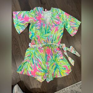 Lilly Pulitzer Pink Tropical Print Romper with Tie Belt